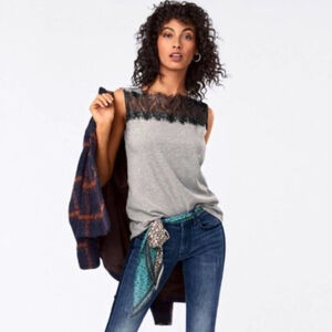 CAbi #3815 Lacey Jersey Knit T Shirt Black Lace Sleeveless Tee Tank Top Gray XL